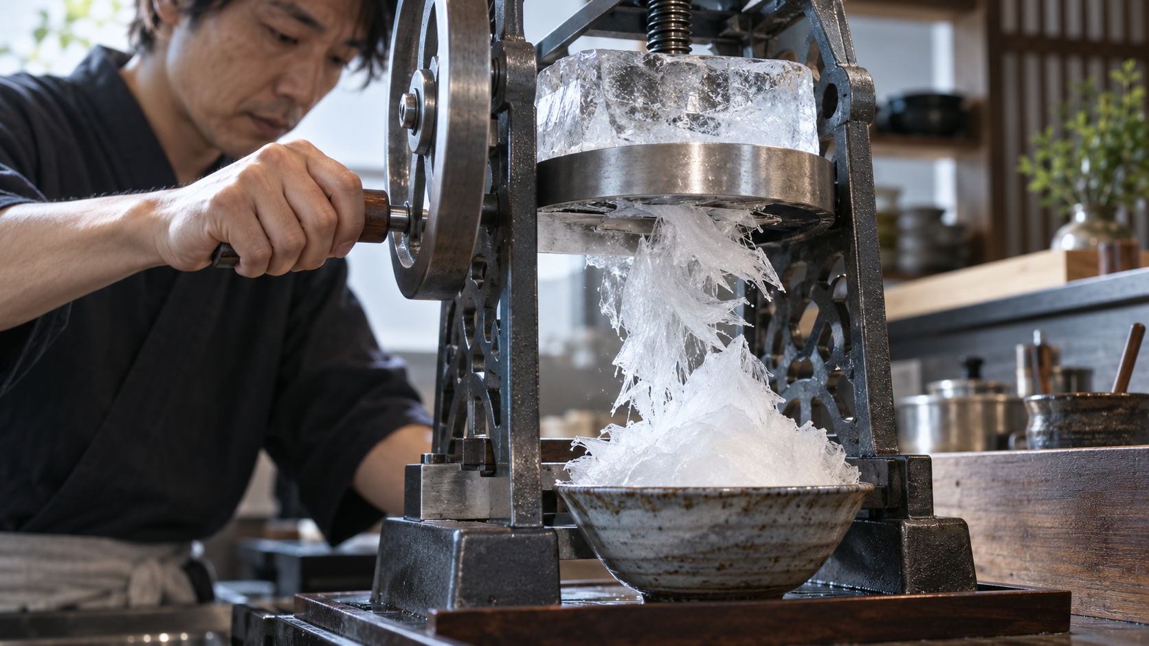 削氷機で氷を薄く削りふわふわのかき氷を作る日本人職人