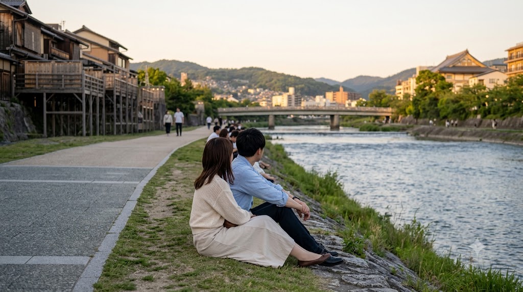 鴨川の河川敷で、川を向いて座る日本人カップルの背後からのショット。二人の間に適度な距離があり、リラックスして川の流れを眺めている。