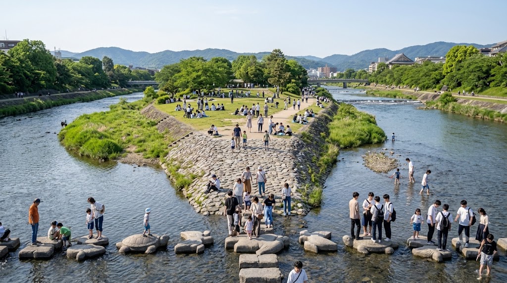 京都の鴨川デルタ（出町柳）。賀茂川と高野川の合流点にある三角州で、多くの日本人家族連れや学生が、飛び石を渡ったりピクニックをしたりして自由に過ごしている。昼間。
