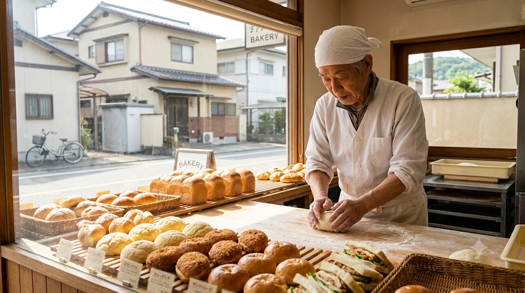 京都の路地裏にある老舗ベーカリーの店内で、早朝からパン生地を熱心にこねる日本人職人の様子。窓越しに朝日が差し込み、焼き立ての多様な日本独自の惣菜パンやメロンパンが棚に美しく並んでいる。