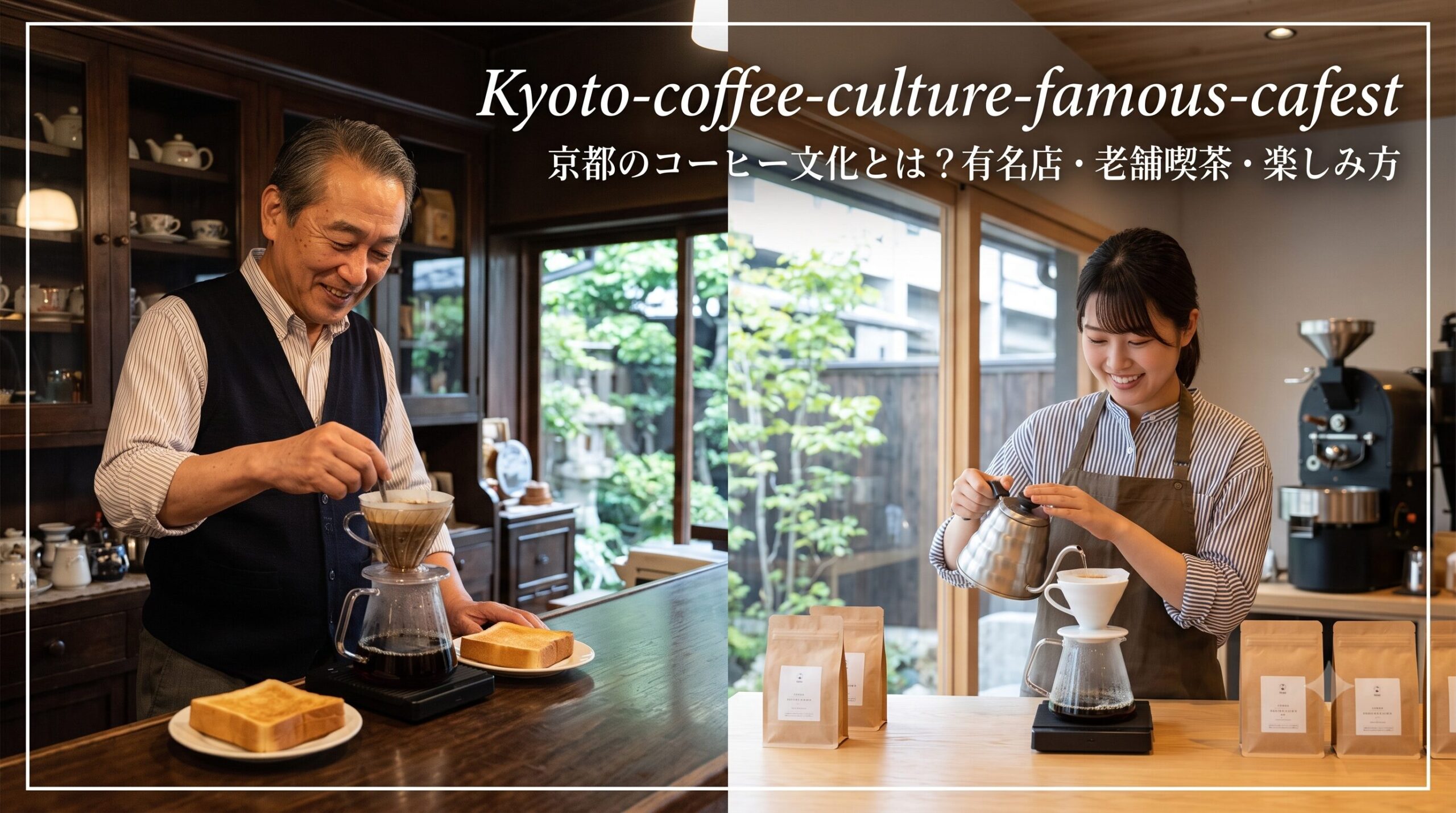 京都の伝統的な町家カフェで提供される、淹れたてのコーヒーと上品な和菓子のセット。背景には美しい坪庭が広がり、新旧が融合した京都のコーヒー文化を象徴するアイキャッチ画像。