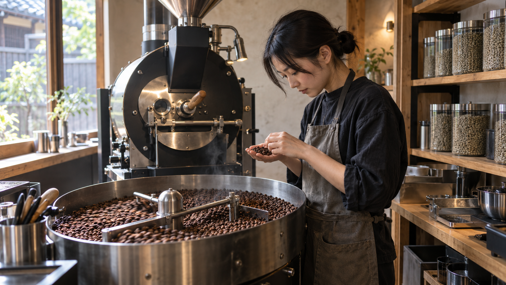 京都の自家焙煎所でコーヒー豆を確認する日本人焙煎士