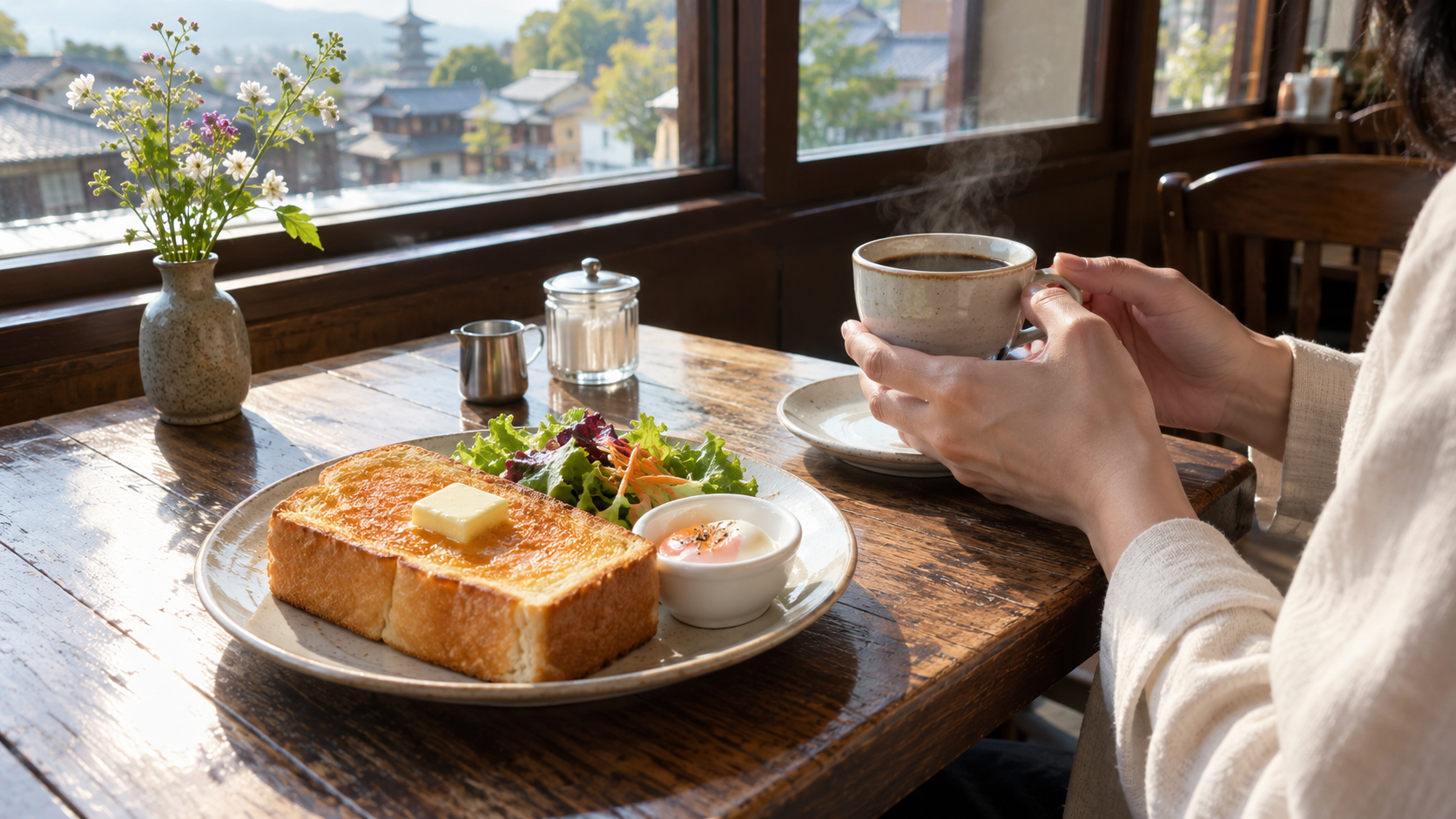 京都の喫茶店で楽しむコーヒーと厚切りトーストの朝食