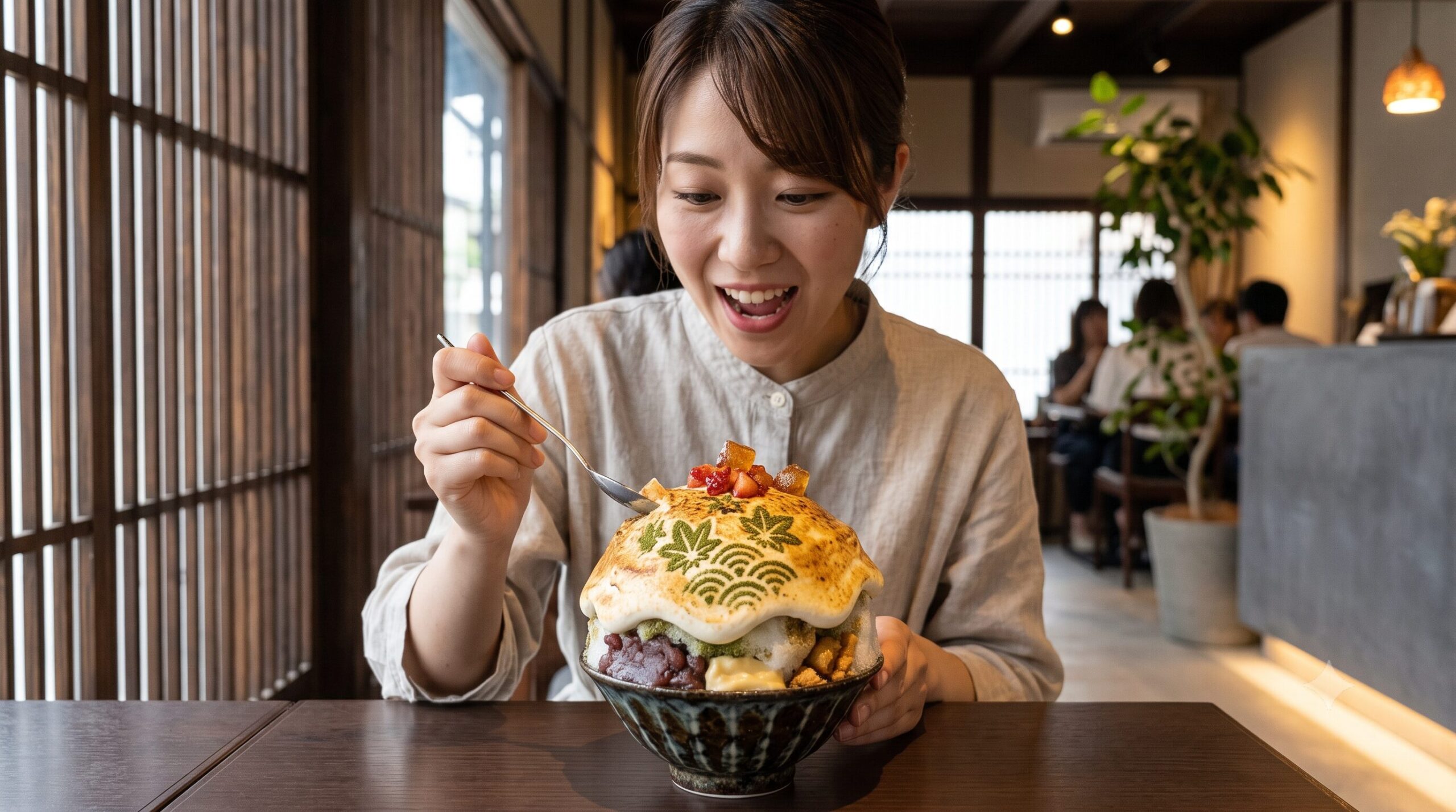 京都の進化系かき氷店で職人がバーナーを使いほうじ茶パウダーアートを施したエスプーマかき氷の表面を炙る様子