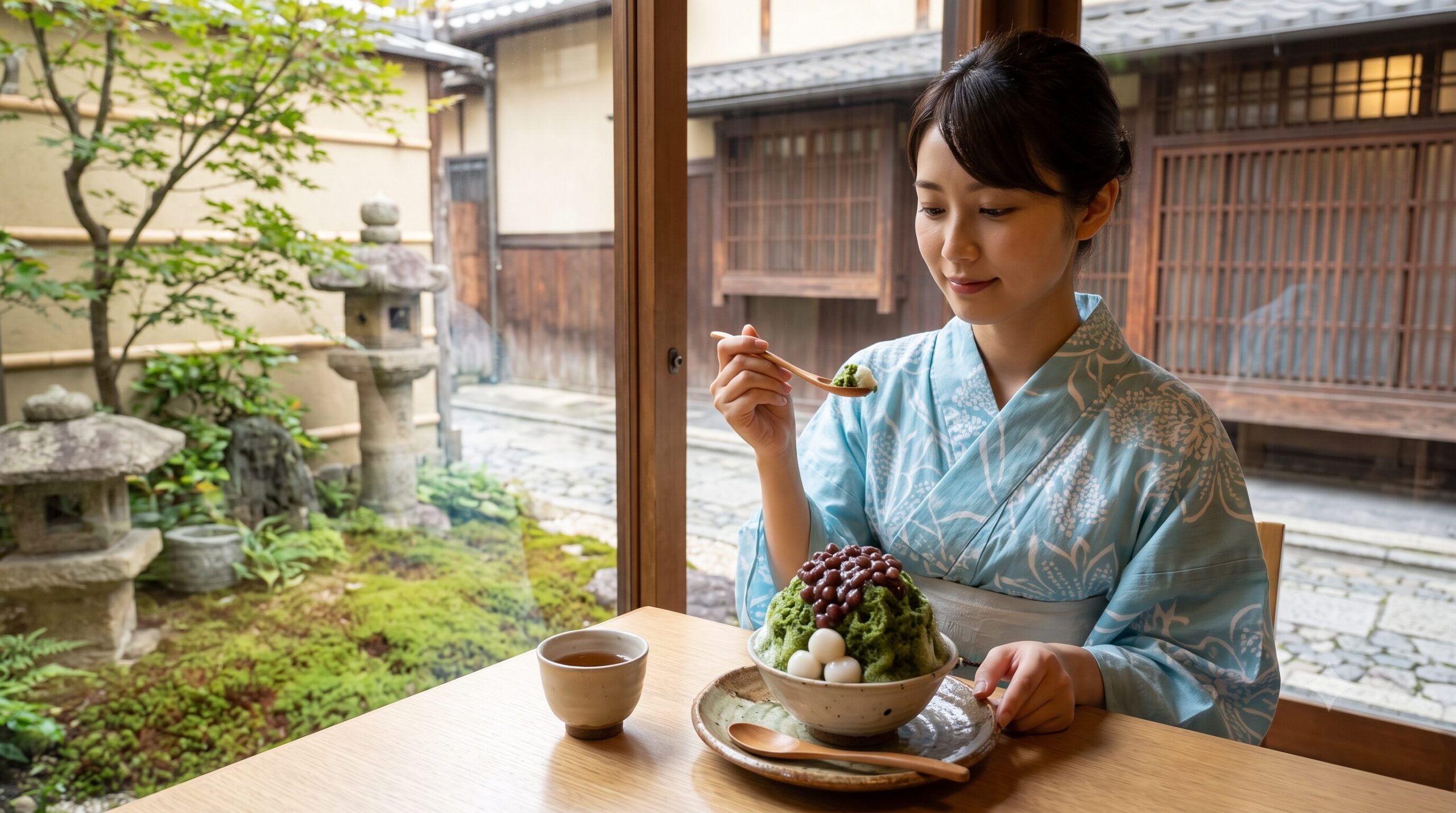 京都の祇園・東山エリアにある伝統的な木造建築の老舗和菓子店と石畳の通りを歩く浴衣姿の日本人観光客