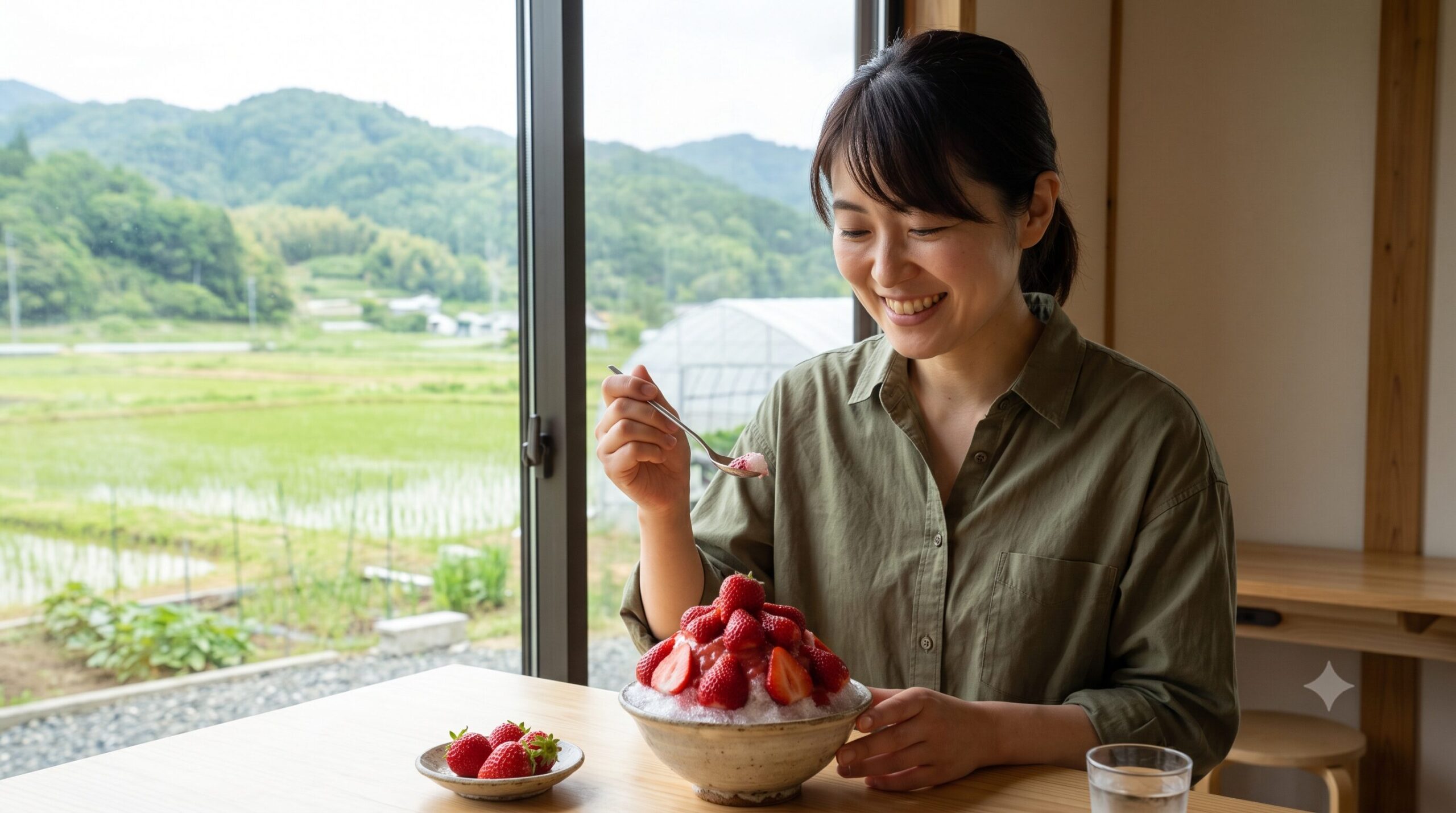京都府亀岡市の田園風景といちご農園を背景に農園カフェで完熟いちごを使ったスイーツを提供する日本人女性