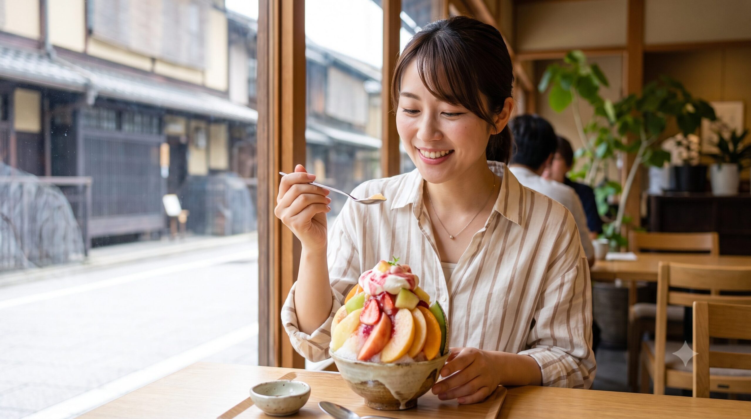 京都のカフェで旬の桃をぜいたくに使った華やかなフルーツかき氷を前にスプーンを持つ日本人女性