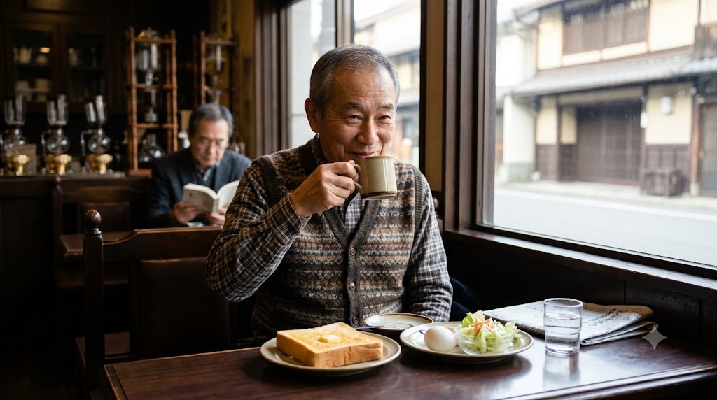 京都にある落ち着いた純喫茶の店内。窓際の席で、眼鏡をかけた老年の日本人男性が、新聞を傍らに、サイフォンで淹れたコーヒーを嬉しそうに飲んでいる。彼の前のテーブルには、厚切りバター accommodation トースト、ゆで卵、サラダがセットになった、クラシックな「モーニング」が並んでいる。