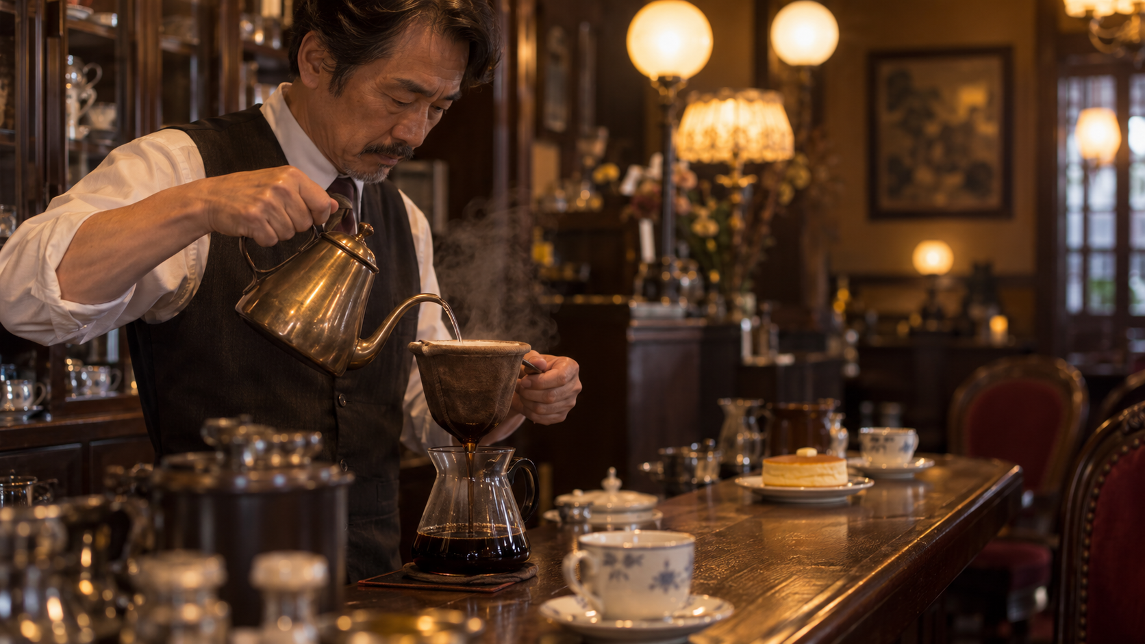 京都の老舗喫茶でネルドリップコーヒーを淹れる店主