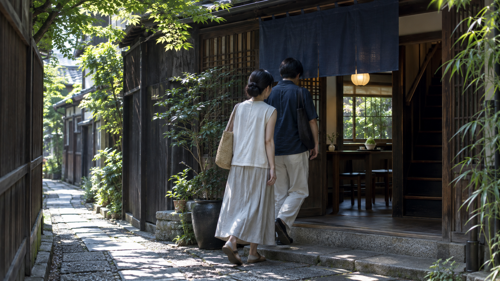 夏の朝に京都の静かな町家甘味処を訪れる日本人旅行者