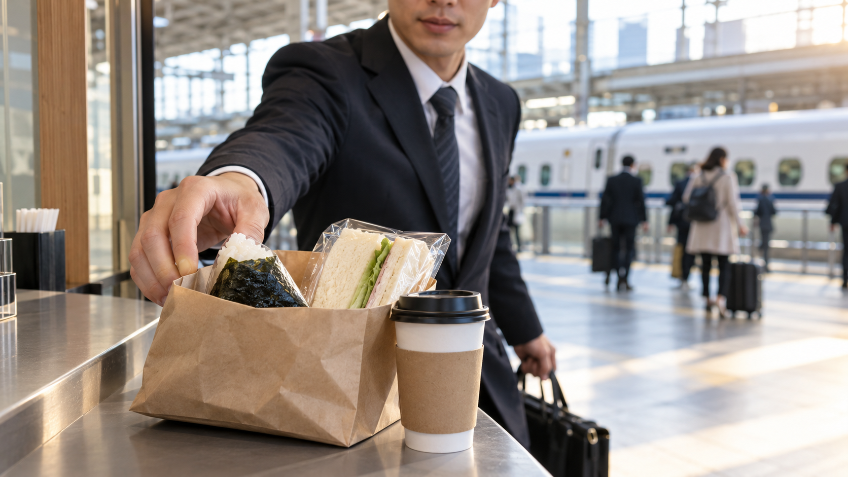 京都駅の新幹線乗車前に購入するおにぎりとサンドイッチの朝食