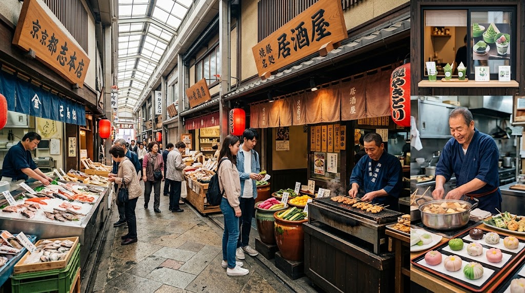 活気あふれる京都の商店街(アーケード)の風景。地元の食材や食べ歩きグルメを並べる様々な露店が立ち並び、多くの日本人観光客や買い物客が楽しげに歩く様子。