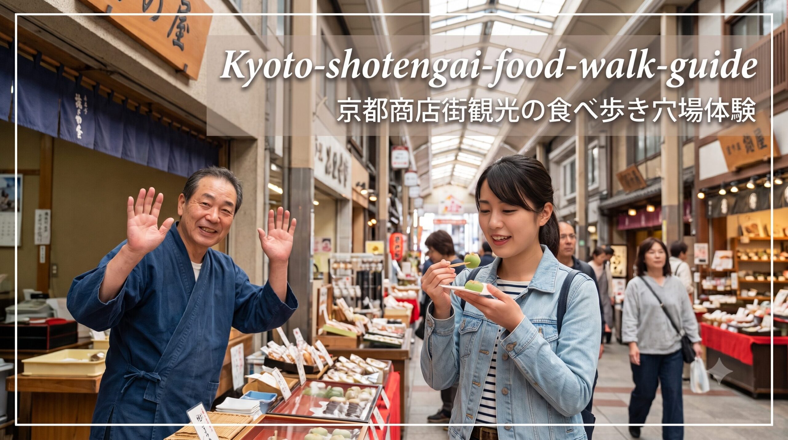 京都の商店街観光をテーマにしたアイキャッチ。アーケード内で笑顔の日本人女性が、抹茶スイーツと伝統工芸品（京こま）を持ち、和菓子店の前で店主と交流する様子。活気と文化を伝える。