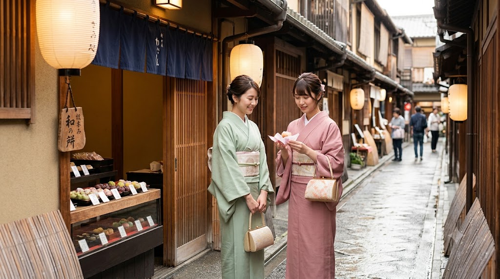 錦市場の混雑を避け、静かな京都の穴場商店街で、伝統的な和菓子店の店先に立ち止まり、上品な和菓子を眺めて楽しむ日本人女性（着物姿）。地元の落ち着いた雰囲気が漂う。