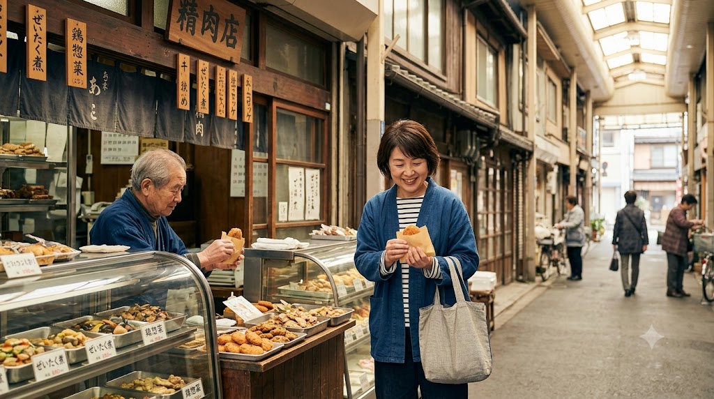観光地化されすぎていない、静かな新大宮商店街のローカルな風景。地元の精肉店の店先で、店主から揚げたてのコロッケを受け取る笑顔の日本人女性。暮らしの温度を感じさせる。