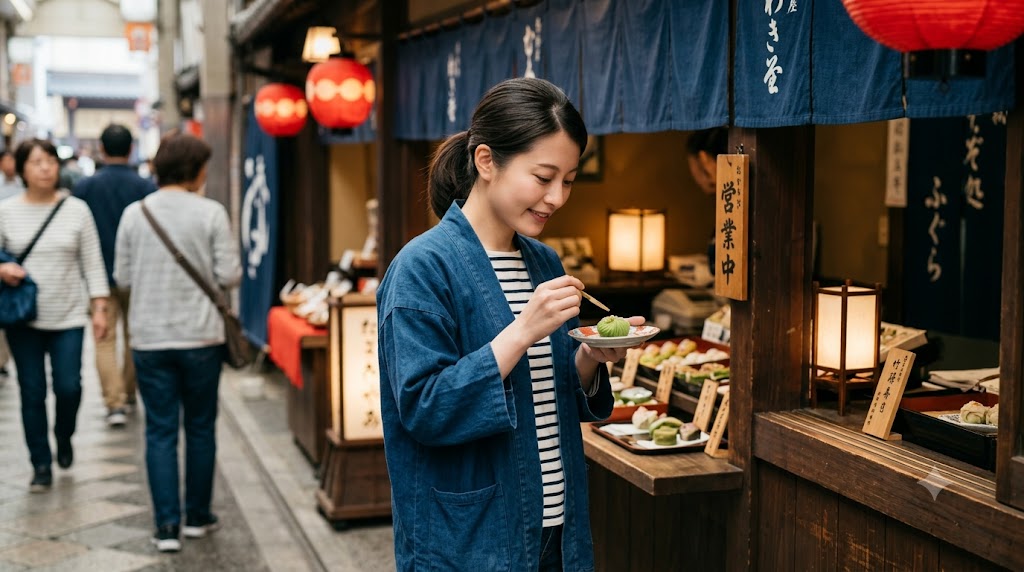京都の商店街で、購入した和菓子（抹茶の上生菓子）を店先で立ち止まって、上品に味わう日本人女性の近接写真。歩き食べをせず、マナーを守っている様子。