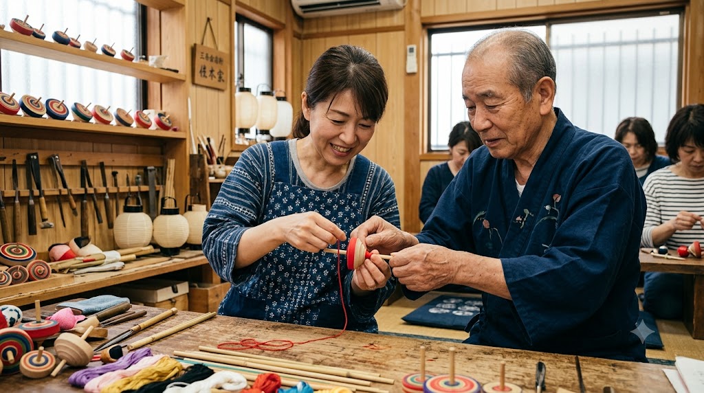 京都三条会商店街の近くにある伝統工芸工房で、熟練の日本人職人から熱心に「京こま（京都の伝統的な独楽）」作りを学ぶ日本人女性。日本の伝統文化を体感する、有意義な体験型観光の様子。