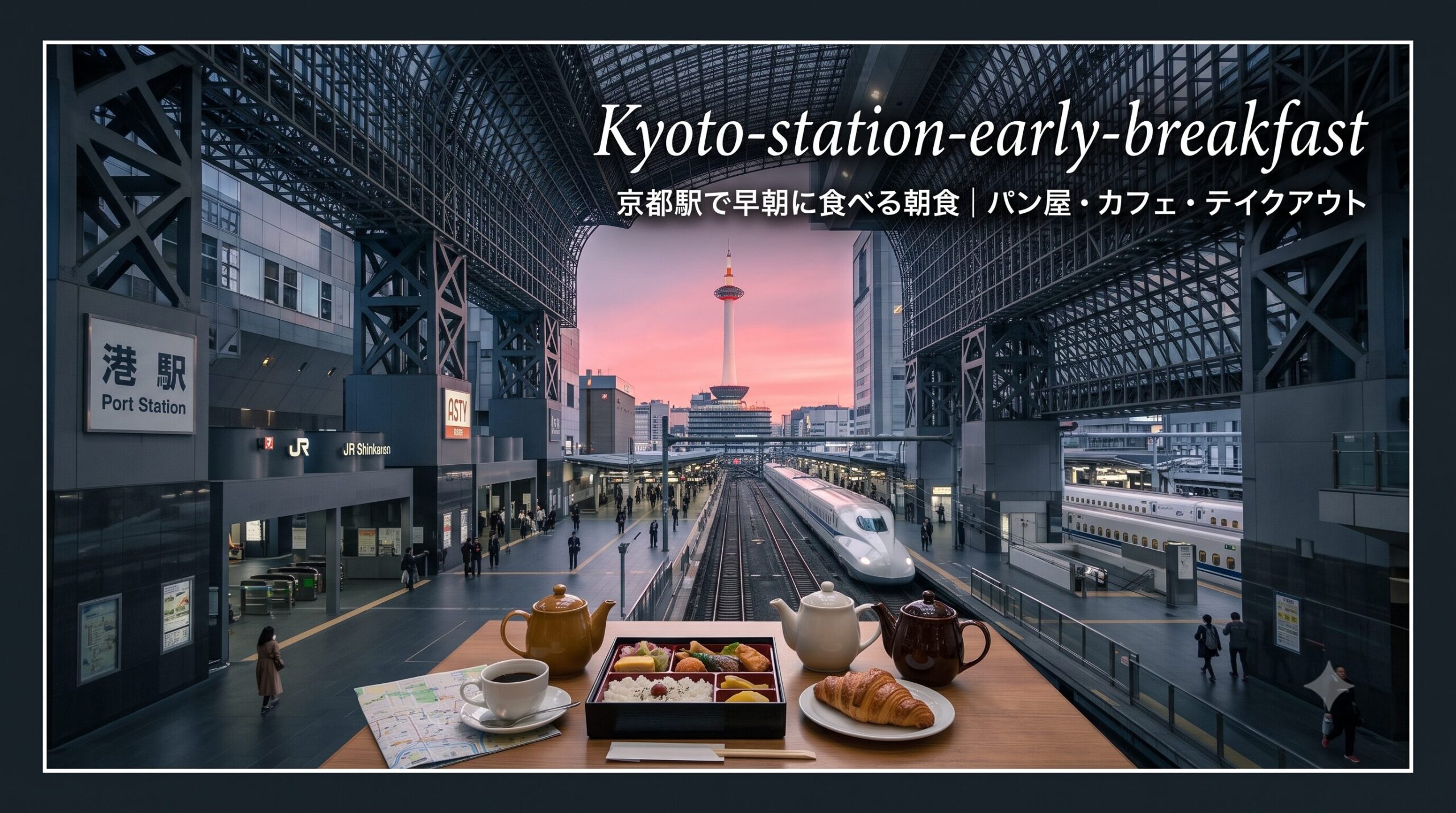 京都駅で早朝に食べる朝食選びをイメージした、和食と洋食のルートが分岐する駅構内の風景。