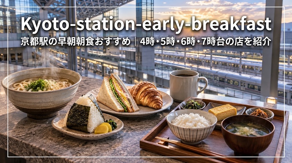 京都駅の早朝朝食として並ぶうどん・おにぎり・パン・和朝食