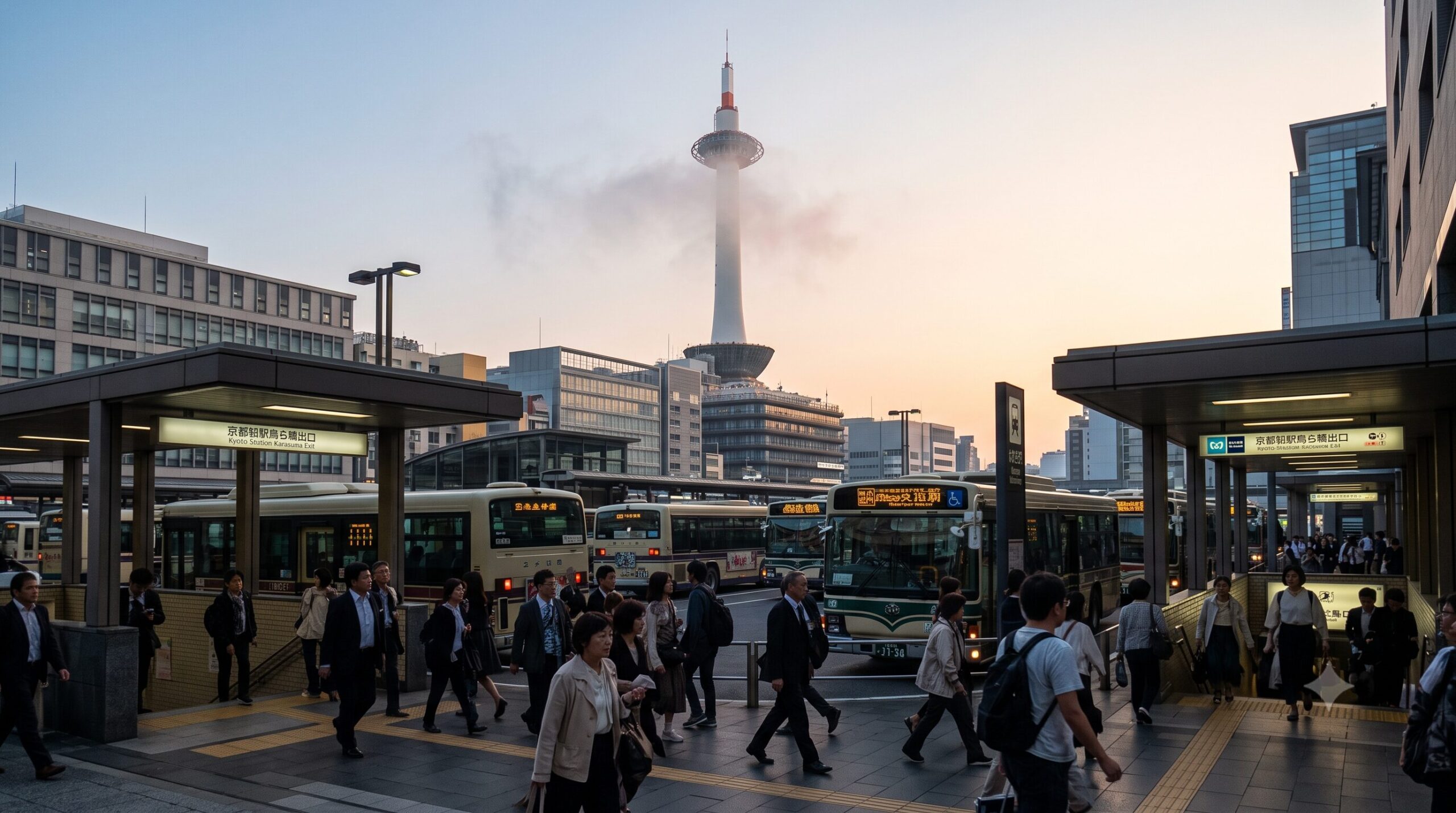 京都観光の起点となる早朝の京都駅烏丸口バス乗り場とライトアップされた京都タワー。