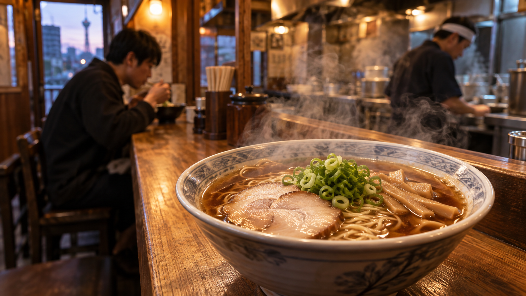 京都駅近くの店で早朝から味わう温かい醤油ラーメン