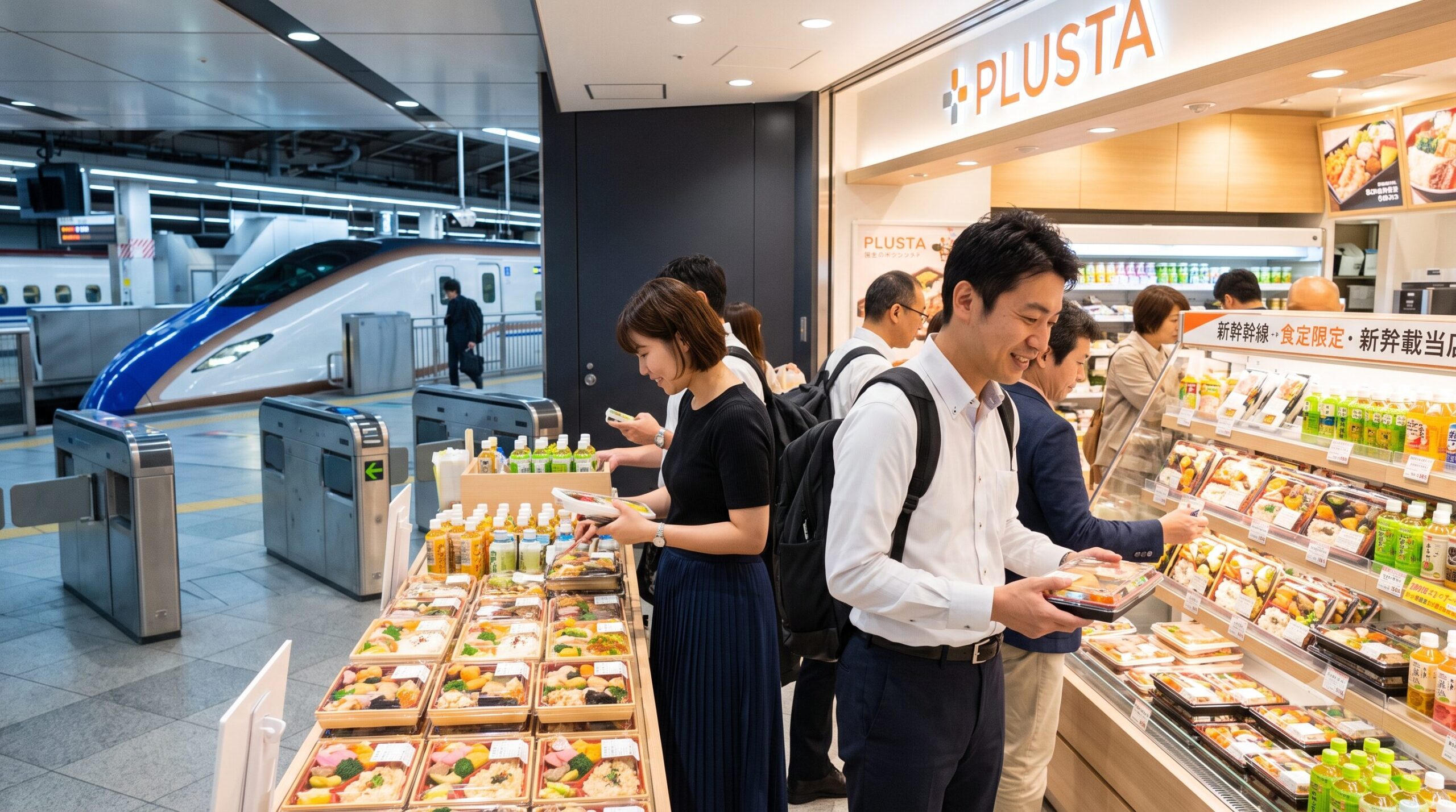 京都駅の新幹線改札内にあるPLUSTA Bentoで早朝の車内食用に駅弁を選ぶ乗客。