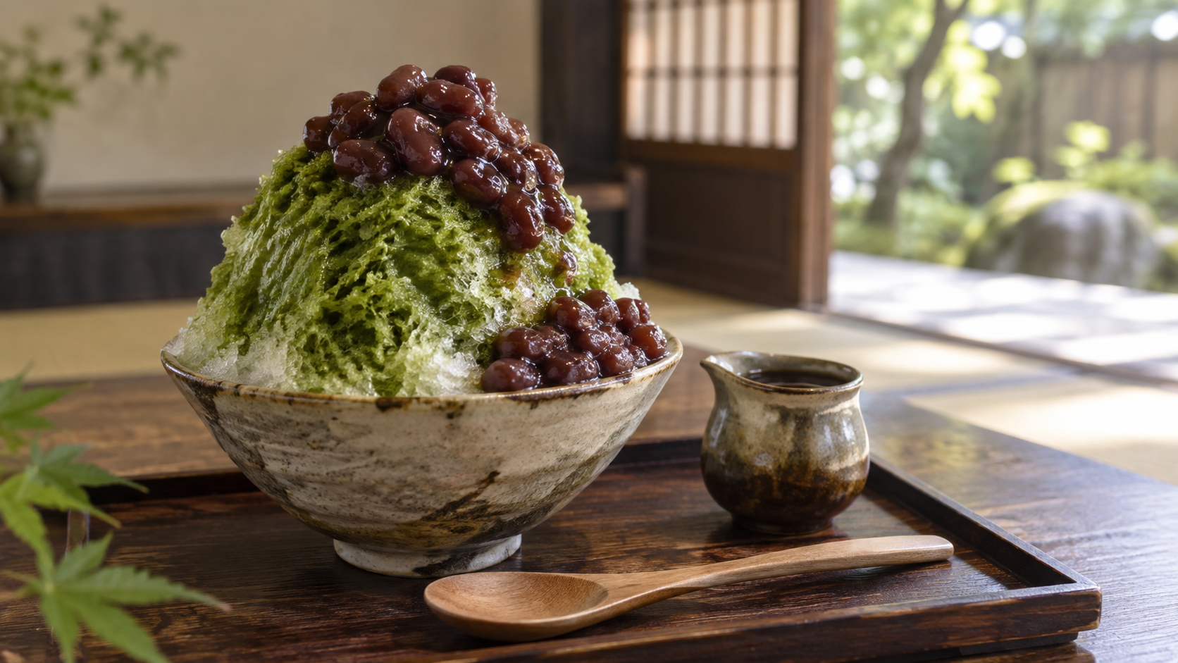京都の和風茶房で味わう宇治抹茶と大粒小豆のかき氷