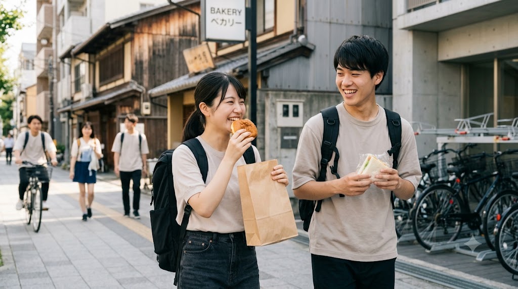 京都の大学近く、叡山電鉄の沿線。明るい朝の光の中、バックパックを背負った2人の日本人大学生(女性と男性)が、談笑しながら歩いている。女性は地元のパン屋の袋を持ち、惣菜パンを一口食べている。背景には学生向けの古いアパートや駐輪場が広がり、若者たちの日常的な活気が感じられる。