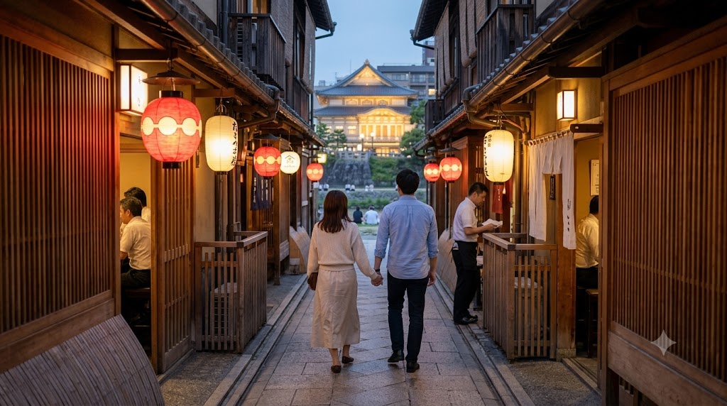 京都の先斗町の細い路地。夜、提灯の明かりに照らされた石畳の通りに、飲食店の看板や暖簾が並び、浴衣姿の日本人女性たちが歩いている。奥に鴨川の空間が見える。