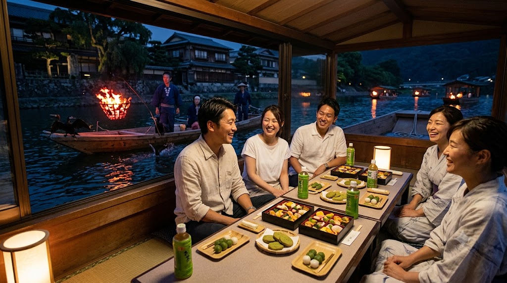 宇治川の貸切屋形船の畳の上で、持ち込んだ宇治茶や抹茶スイーツ、仕出し弁当を広げて談笑する日本人の友人グループ