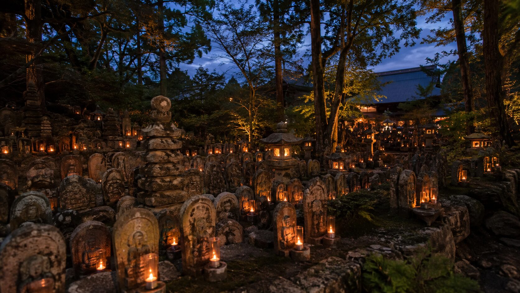 あだし野念仏寺の千灯供養でろうそくが灯る西院の河原の石仏・石塔