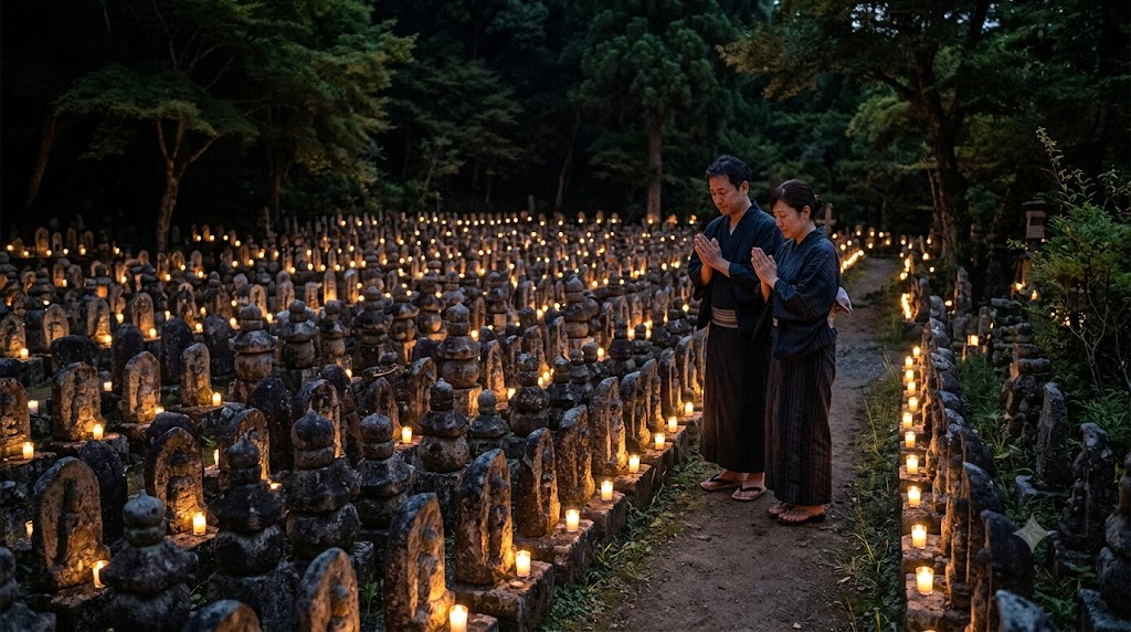 夜のあだし野念仏寺で、数千本のろうそくに照らされた石仏群と祈りを捧げる日本人参拝客。