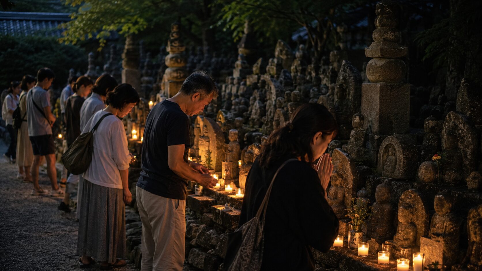 あだし野念仏寺の千灯供養で石仏にろうそくを供え合掌する参拝者