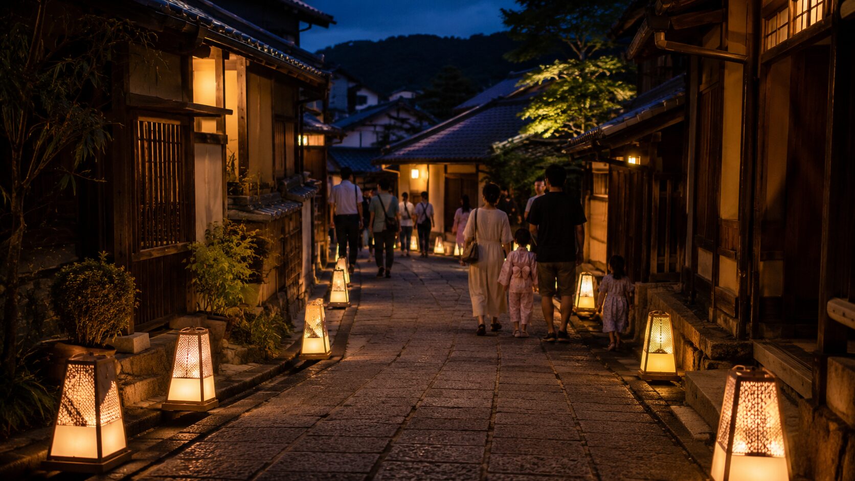 愛宕古道街道灯しで行灯が並ぶ嵯峨鳥居本の夜の町並み