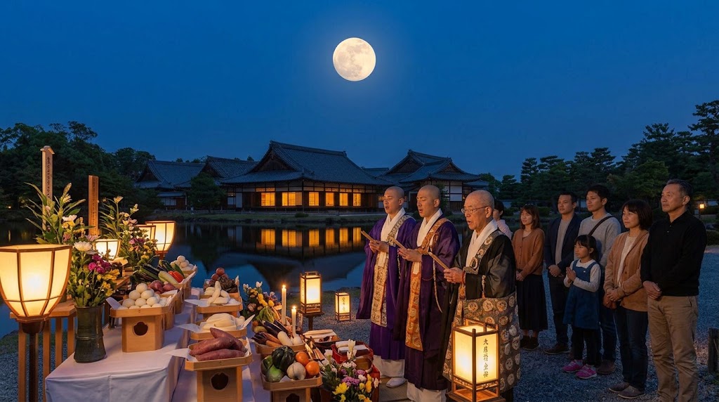大覚寺観月の夕べ 満月法会でお供え物と祈りを捧げる僧侶