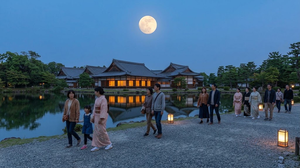 大覚寺大沢池の周囲を散策してお月見を楽しむ参拝客