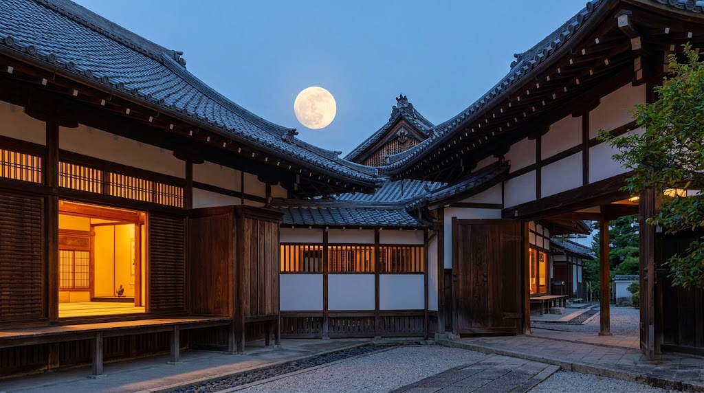 大覚寺の伝統的な御殿と夜空に浮かぶ満月