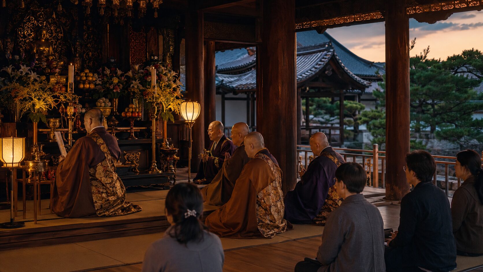 大覚寺宵弘法の五大堂で僧侶がご法楽を営む様子のイメージ