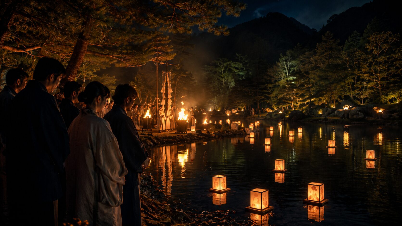 大覚寺宵弘法の大沢池で送り火と灯籠が水面を照らす様子のイメージ