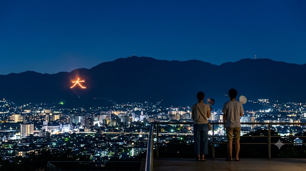 京都盆地の夜景をバックに、東山の大文字が夜空に浮かび上がる様子。夏の伝統行事、五山送り火。
