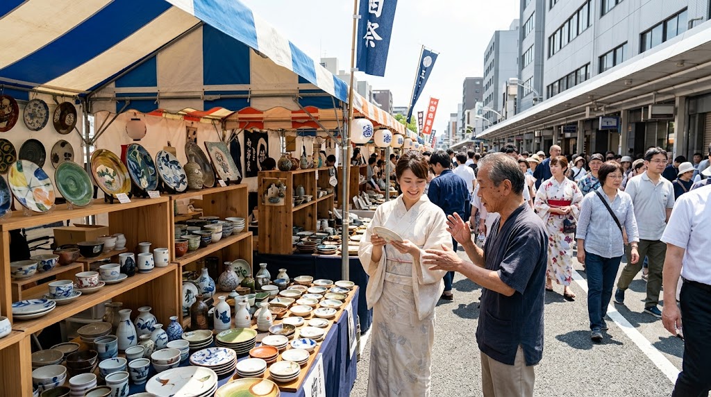 京都の五条若宮陶器祭で、浴衣姿の日本人女性が陶器市の商品を手に取っている。