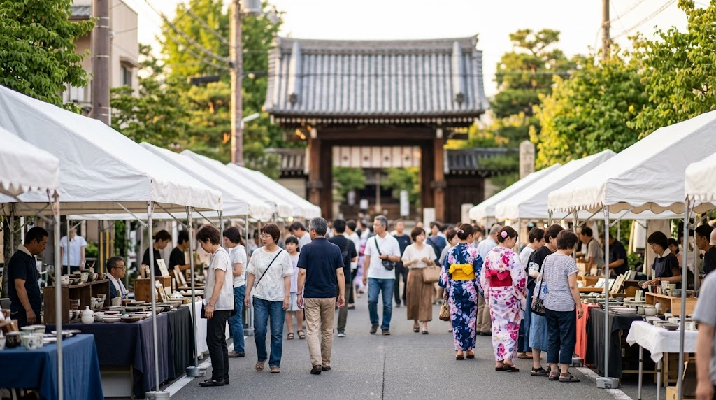 京都の五条坂で開催されている「五条若宮陶器祭」の様子。多くの屋台が並び、浴衣姿や夏の軽装の日本の人々が陶器を見ている。奥には六道珍皇寺の山門が見える。