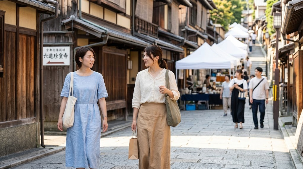 京都の東山地区で、カジュアルな夏服を着た2人の日本人女性が歩いている。左側には六道珍皇寺へ続く石畳の道と古びた木造建築、右側の上り坂には五条坂陶器祭の白いテントが並ぶ様子が見える
