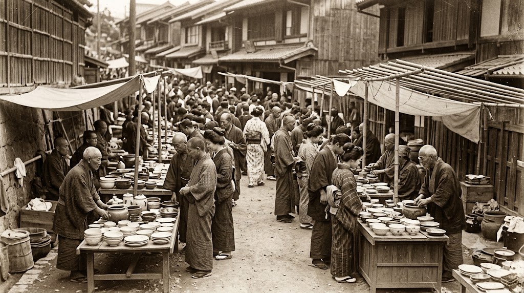 大正から昭和初期の京都・五条坂の歴史的な風景。着物を着た多くの日本人が、未舗装の道路に並べられた素朴な陶器の露店を囲んで賑わう、セピア調のモノクロ写真。