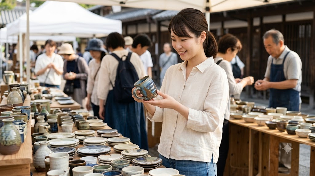 京都の陶器市で、カジュアルな白いシャツを着た日本人女性が、一点物のハンドメイドのマグカップを両手で笑顔で眺めている。周囲のテーブルには様々な釉薬や形の陶器作品が並ぶ。