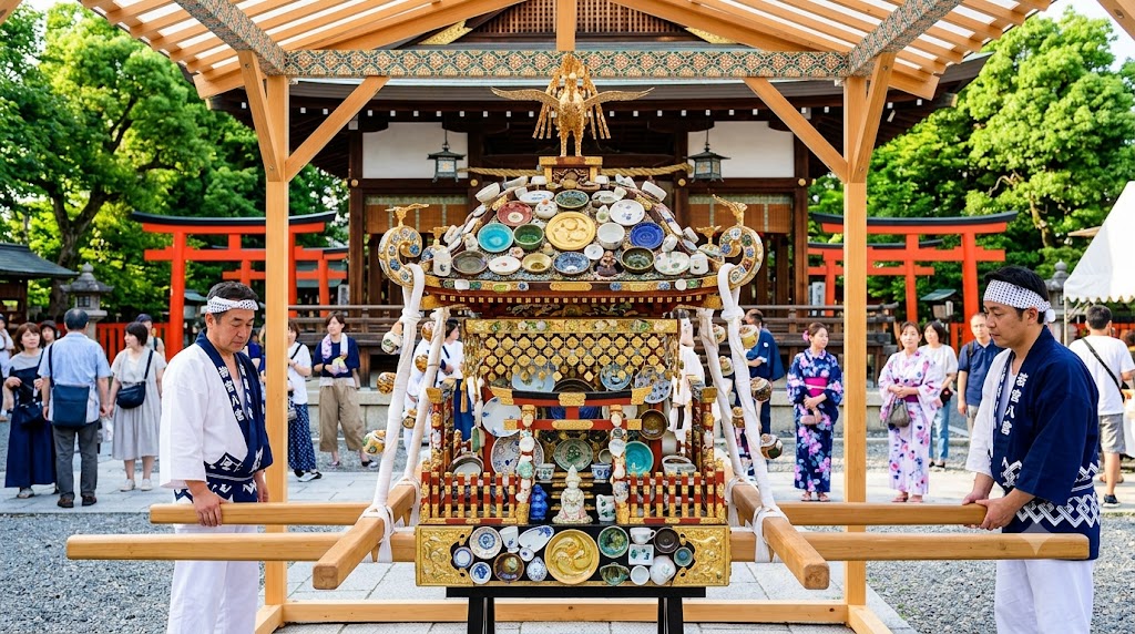 京都の若宮八幡宮(陶器神社)の境内に展示された、数多くの皿や茶碗などの陶器で装飾されたユニークな「陶器神輿」。法被を着た神社スタッフと参拝客が見守る、明るい日差しの下の風景。