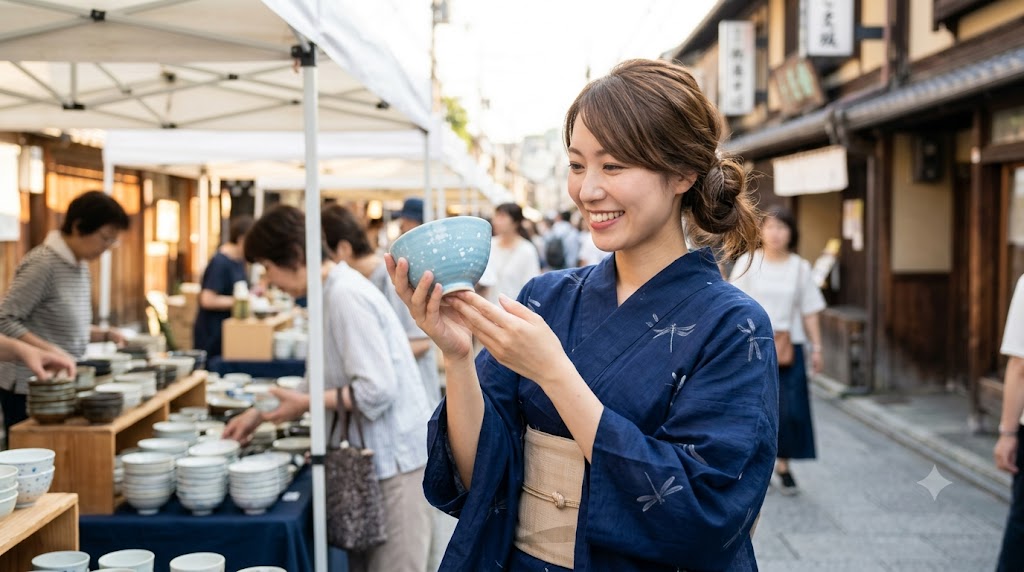 京都の五条坂陶器祭で、浴衣を着た日本人女性が笑顔で青い陶器の茶碗を選んでいる様子。賑わう露店と木造店舗を背景に、手に取った作品を愛おしそうに見つめている。
