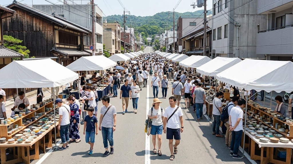 五条若宮陶器祭の会場となる、明るい日差しの下の京都・五条通(清水五条駅近く)。歩道両側に並ぶ多数の白いテントの露店と、陶器を見て回る多くの日本人来場者で賑わう風景。