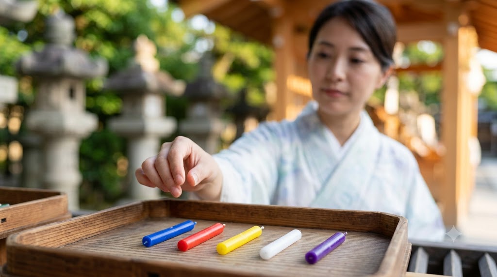 北野天満宮の足つけ燈明神事で使われる五色ろうそく。木製の盆に青、赤、黄、白、紫の小さなろうそくが並べられ、アジア人女性が一本を選ぼうと手を伸ばしている。背景はぼかされており、石灯籠や夏の緑が見える。