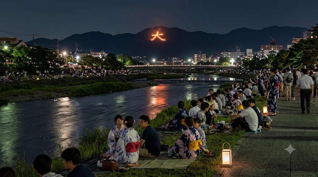 夜、鴨川の河川敷から、遠くの山に燃える「大」の送り火を眺める日本人参拝客。